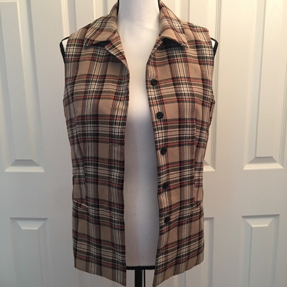 Behar hunt button tan red black stripe plaid vest - Picture 5 of 8